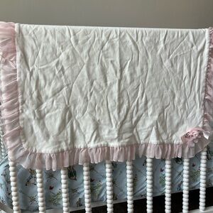 Edgehill Collection White Baby Blanket with Pink Ruffle Trim